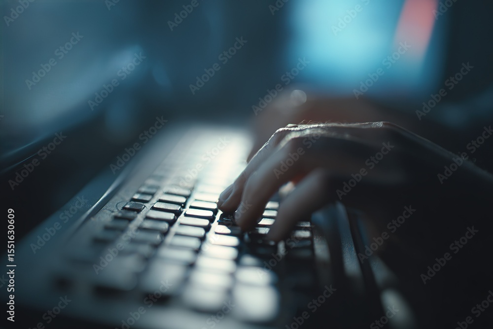 Poster close-up of a hand typing on a keyboard in a dimly lit room emphasizing focus and creativity during 