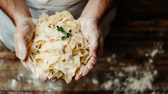 This image captures a chef's hands presenting a mound of fresh, handmade pasta, highlighting culinary expertise and the joy of cooking with natural ingredients.