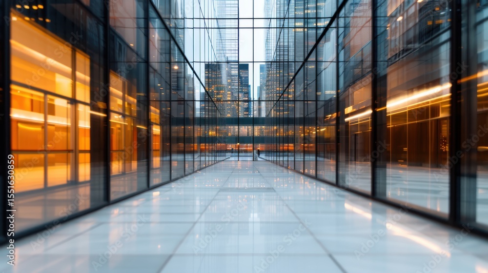 Poster a stunning view of a modern urban space featuring reflective glass architecture, creating a mesmeriz
