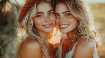 Two beautiful twin sisters sharing a heartfelt moment, smiling and embracing each other in a warm and golden light, reflecting their strong bond and joyful connection.