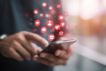 Person using smartphone with social media icons