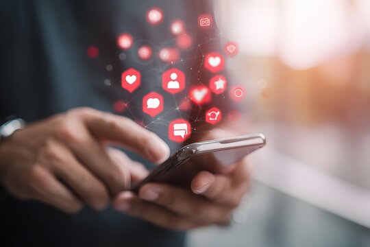 Person using smartphone with social media icons