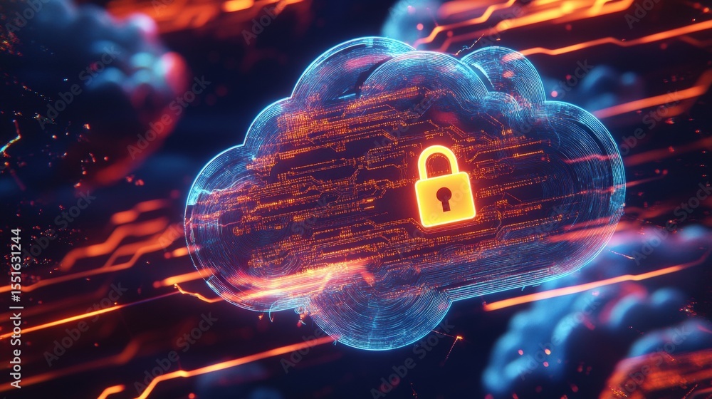 Poster a digital cloud with a glowing lock symbol represents cloud security and data protection in a futuri