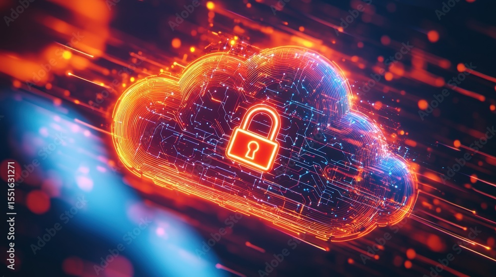 Poster a glowing digital cloud with an embedded lock symbol, representing secure cloud computing and data p