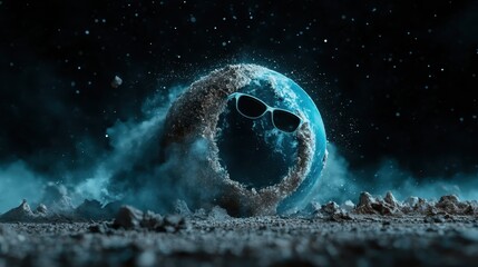 A humorous representation of Earth wearing sunglasses in a cosmic landscape evokes feelings of joy, whimsy, and creativity while highlighting the beauty of our planet and space.