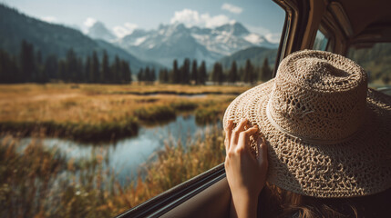 Fototapeta premium Relaxed traveler woman hand holding hat outside car window near mountain lake and meadow landscape.