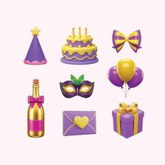 Vibrant Purple and Yellow 3D Birthday Party Icons Festive Celebration Elements for Digital Design