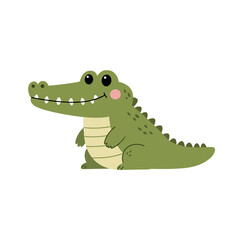 Cartoonish green alligator with pink cheek and small white teeth smiling.