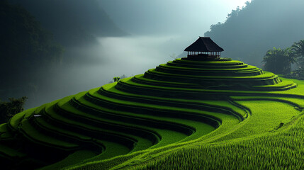 Beautiful Sunrise With Lush Green Rice Terraces Field in Mountain Valley