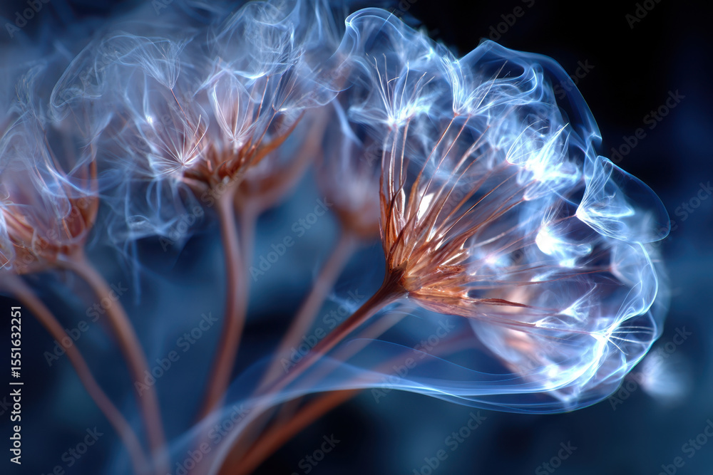 Poster delicate flower-like structures illuminating with ethereal light in a dark environment