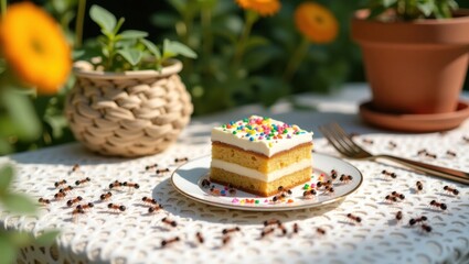 Hormigas arrastrándose hacia un trozo de pastel en la mesa del jardín. Prevención de insectos al aire libre y concienciación sobre la seguridad alimentaria en un patio