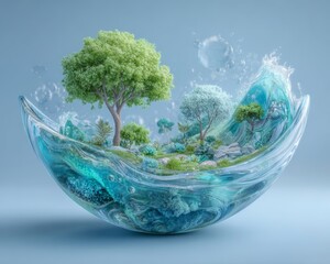 A minimalist forest, sustained by a single droplet, embodies the concept of digital water conservation