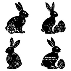 Four easter bunnies with decorated eggs isolated on white background