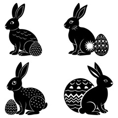 Four easter bunnies with decorated eggs isolated on white background