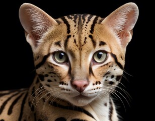 Ocelot Close-Up on Black Background. Perfect for wildlife, zoological, educational, and conservation-related visual content.