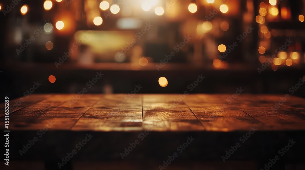 Poster rustic wood table surface against a blurred, bokeh-lit background. it is perfect for displaying prod