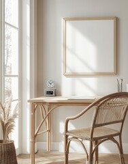 Bright Minimalist Home Office With Rattan Chair And Wooden Desk