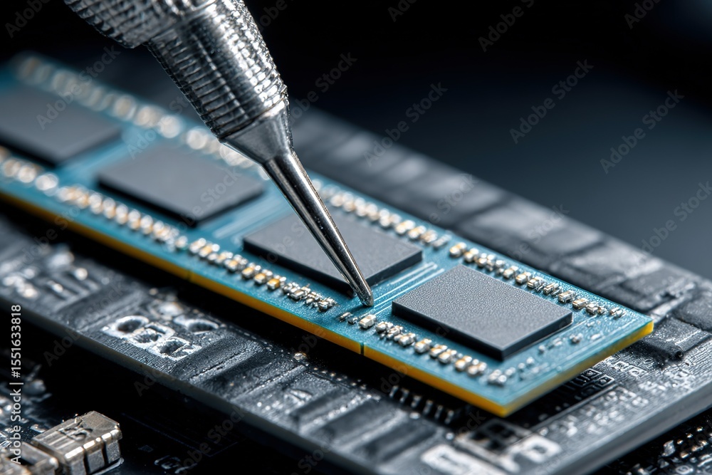 Poster close-up view of a technician inspecting a computer ram module with precision tools in a modern elec