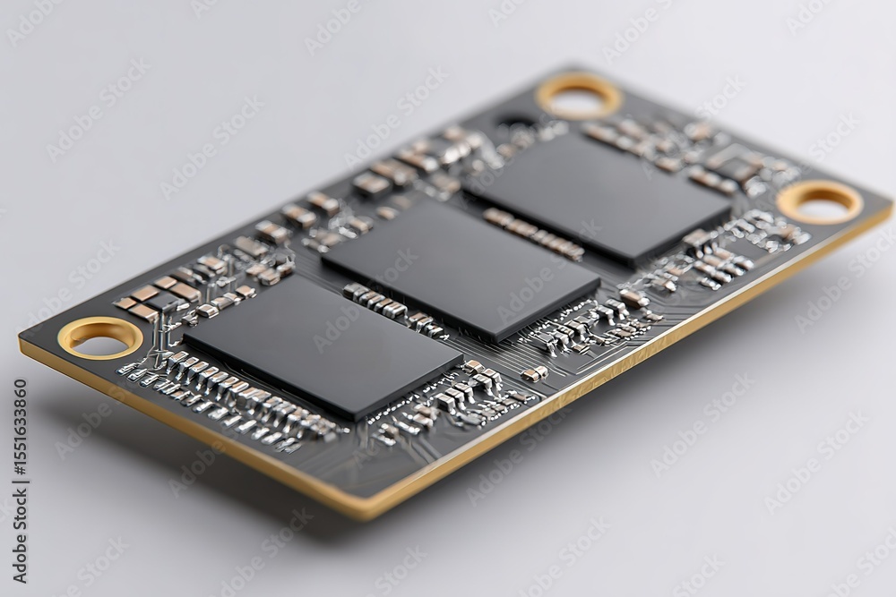 Poster circuit board featuring microchips with intricate design in studio lighting