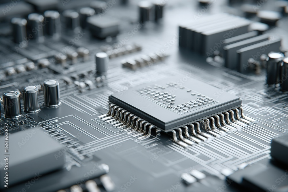 Aufkleber close-up view of a circuit board featuring a microchip and intricate electronic components in a tech