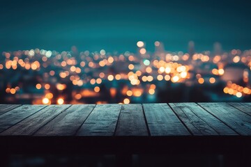 Dark wooden planks overlook a blurred city skyline at night. Great for product mockups, backgrounds or adding your designs.