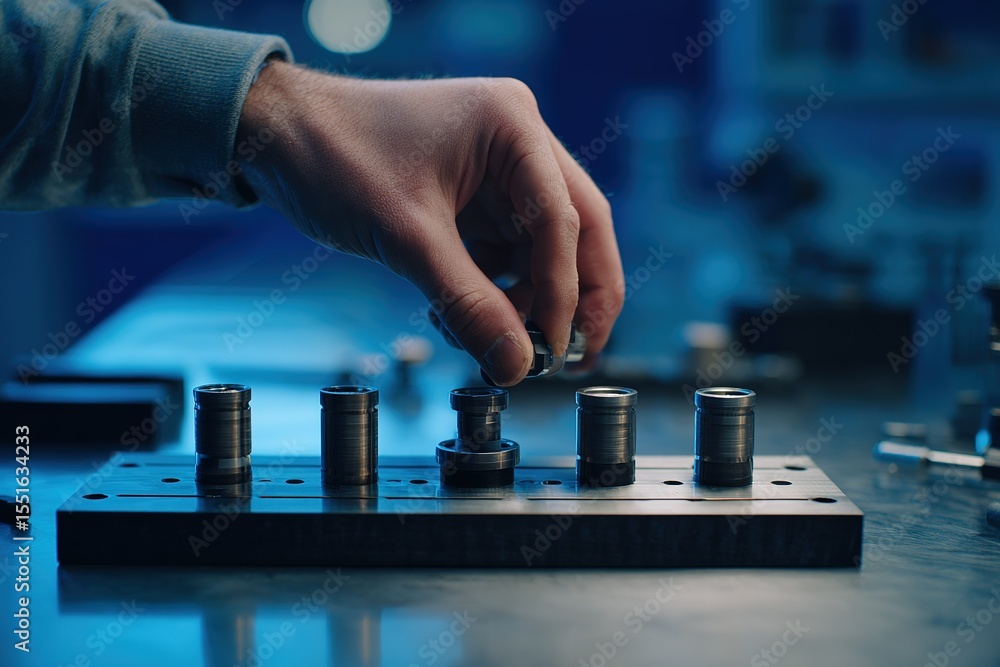 Poster skilled technician assembling precision components in a modern workshop during evening hours