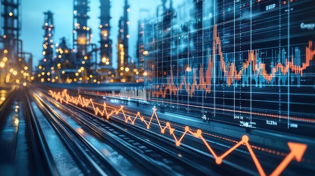 Industrial facility with upward trending graphs overlayed on tracks
