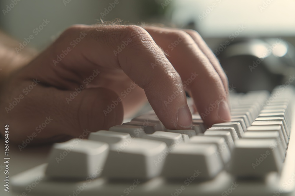 Poster typing on a computer keyboard during a focused work session in a modern office environment