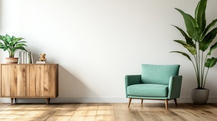 A tranquil minimalist living room showcasing a soft green armchair beside natural plants and wooden furniture, creating a serene and inviting atmosphere for relaxation.