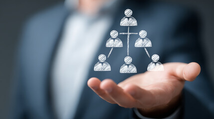Businessman presenting a hand-drawn organizational chart, symbolizing business relationships, structure, and teamwork.