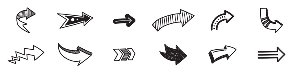 A collection of black and white arrows in various styles and directions. Arrows pointing up, down, left, and right. Bold arrows, sketch arrows, and 3D arrows. Vector illustration
