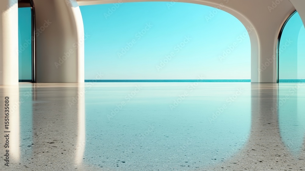 Poster the image captures a breathtaking view of the ocean seen through elegantly curved modern architectur