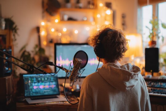 person from behind adjusting mic in home studio, podcast name on laptop screen