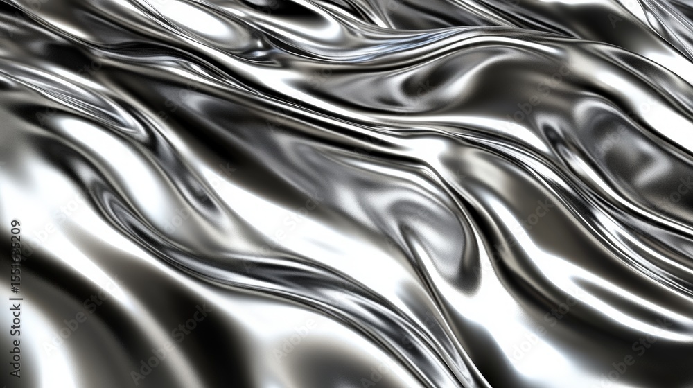 Poster shiny metallic surface with smooth, flowing, wavy texture reflecting light, creating an abstract, fl