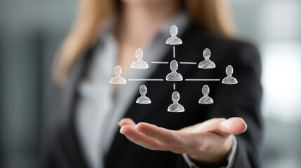 Businesswoman presenting an organizational chart showing teamwork and corporate strategy.