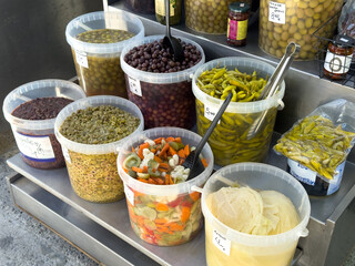 fresh Various olives and antipasto at a Greek weekly market