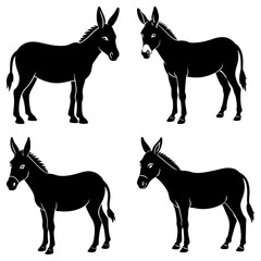 Four black donkeys isolated on white background in silhouette style