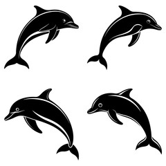 Four dolphins jumping isolated on white background in black silhouette