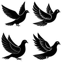 Four pigeon silhouettes in different flight poses isolated on white
