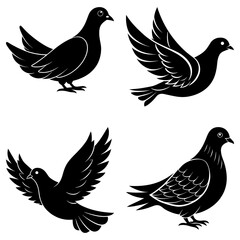 Four pigeon silhouettes in various poses isolated on white background