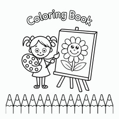 Kids Coloring Book Girl Drawing Flower Art Vector, Illustration