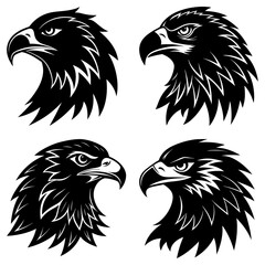 Four eagle heads in black silhouette isolated on white background