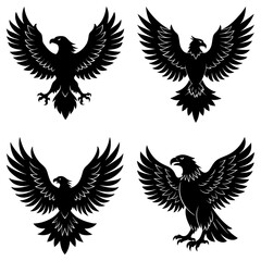 Four eagles in black silhouette isolated on white background