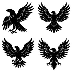 Four eagles in black silhouette isolated on white background