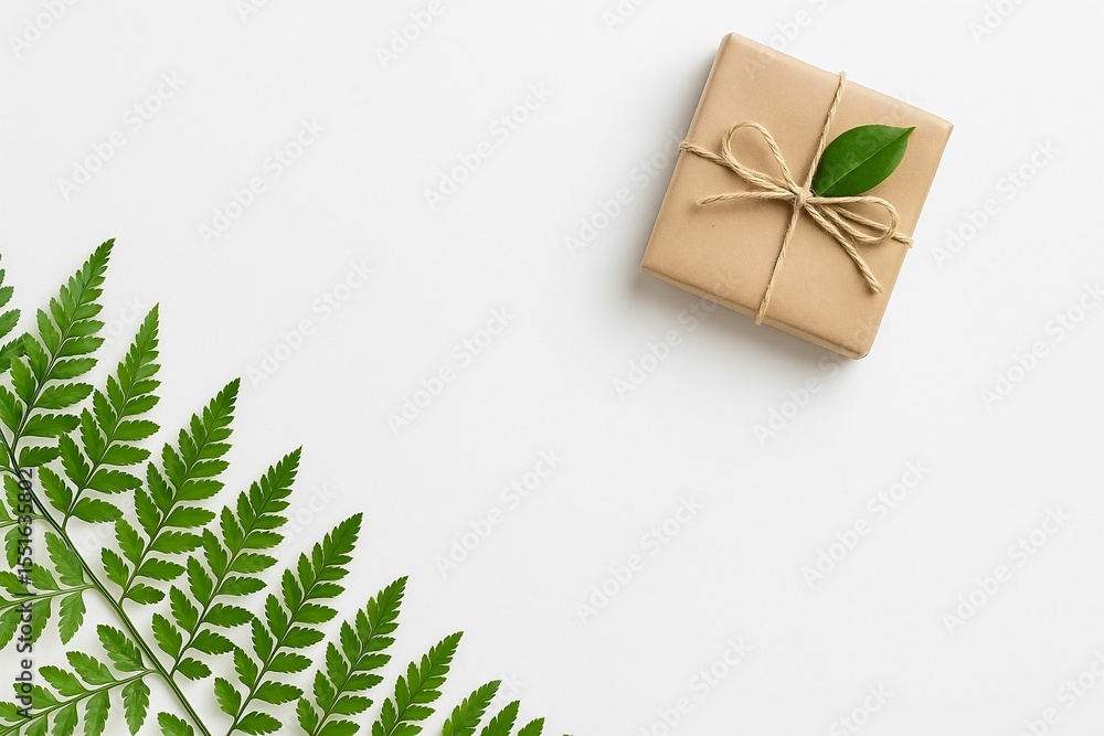 Poster wrapped gift box tied with bow, placed on surface with greenery around it.