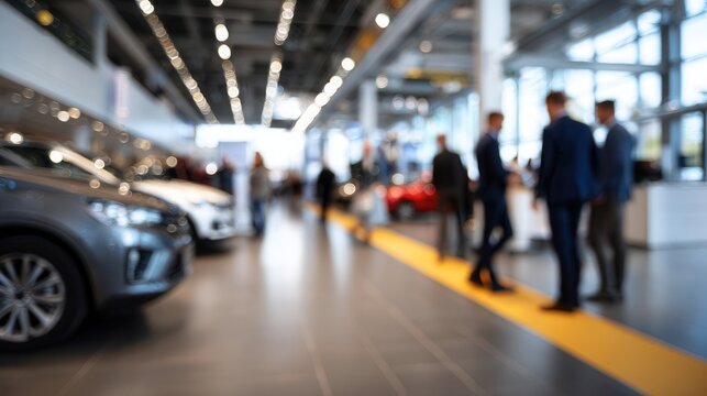 Busy car dealership with blurred background showcasing various vehicles and people interacting. atmosphere is vibrant and dynamic, reflecting lively environment for car sales