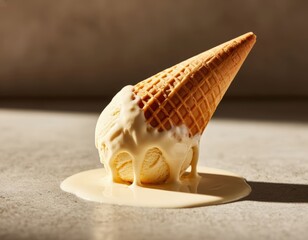 Conceptual scene of an ice cream cone melting upside down on a surface.