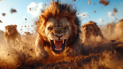 A fierce lion charging through a dusty landscape, showcasing its powerful presence and the raw beauty of wildlife, portraying strength and the majestic aura of nature.