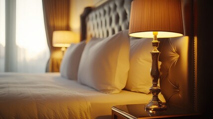 Elegant hotel room with white linens, headboard, and glowing lamps. Perfect for travel, luxury, and hospitality advertising materials.