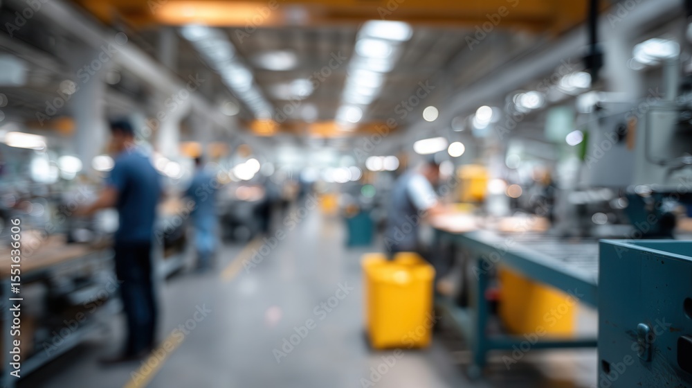 Poster blurred background of vibrant factory floor showcases workers engaged in various tasks, highlighting